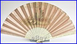 ART NOUVEAU C. 1900 Antique French Silk Folding Fan Hand Painted Signed Romantic