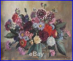 A NICKLOSKY Vintage 1950s Oil Painting Flowers / Roses in Vase. Signed