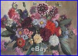 A NICKLOSKY Vintage 1950s Oil Painting Flowers / Roses in Vase. Signed