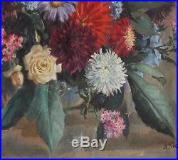 A NICKLOSKY Vintage 1950s Oil Painting Flowers / Roses in Vase. Signed