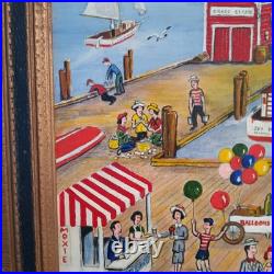 Acrylic On Board. Vintage Boardwalk Scene. Signed by listed Artist Larry Harris