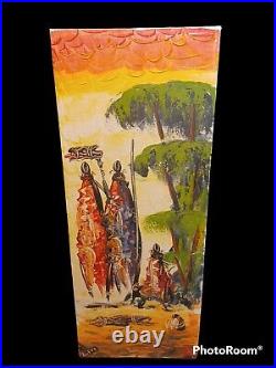 Acrylic On Canvas African Maasai Hunting Tribe Scene 3 Pc Panels Signed Vintage