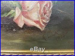 Antique 1900's Pink Rose Oil Painting On Canvas In Original Gold Frame Signed