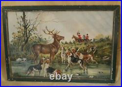 Antique 1930's Original Oil Painting Hunting Cabin Decor Stag Deer Dogs Fox