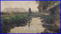 Antique 19th Century LANDSCAPE OIL PAINTING 32x24 SIGNED Impressionist VINTAGE