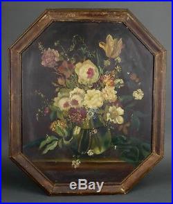 Antique 19th Century NAN MEYER Floral Still Life Oil Painting On Wood Peonies