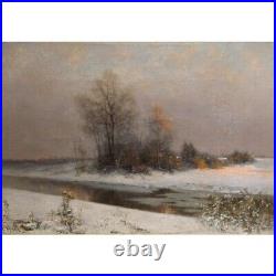 Antique 19th Germany Original Winter Landscape Oil canvas Painting signed C. HAAS