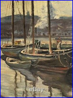 Antique American Impressionist Harbor Oil Painting On Board Vintage Signed 1947