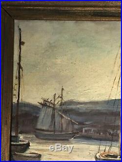 Antique American Impressionist Harbor Oil Painting On Board Vintage Signed 1947