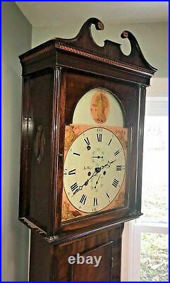 Antique English Tall Case Inlay Grandfather Clock W Painted Face Signed Irvine