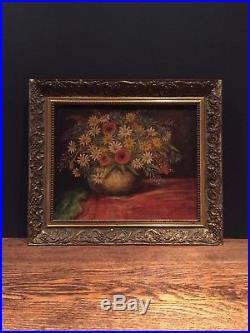 Antique Floral Oil On Board Painting Signed 1940s Italian Gilt Frame Art Vintage