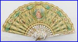 Antique Mother Of Pearl And Hand Painted Paper Signed Hand Fan