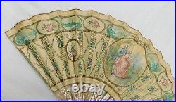 Antique Mother Of Pearl And Hand Painted Paper Signed Hand Fan