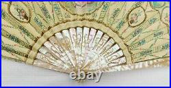 Antique Mother Of Pearl And Hand Painted Paper Signed Hand Fan