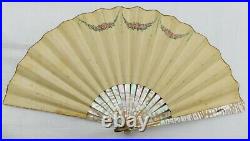 Antique Mother Of Pearl And Hand Painted Paper Signed Hand Fan