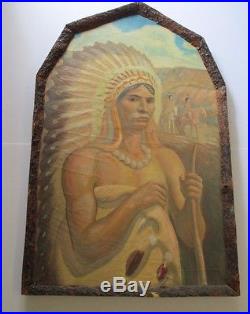 Antique Native American Indian Painting Chief Art Deco Wpa Era Large 1920's Vntg