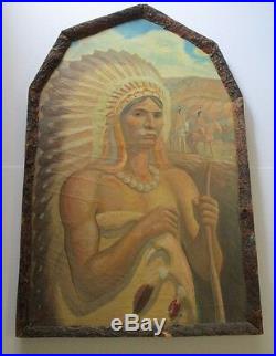 Antique Native American Indian Painting Chief Art Deco Wpa Era Large 1920's Vntg