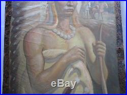 Antique Native American Indian Painting Chief Art Deco Wpa Era Large 1920's Vntg