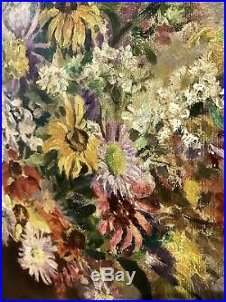 Antique Oil On Canvas Painting Spring Flowers Still Life Floral Vintage Bohemian