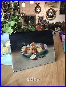 Antique Oil On Canvas Still Life Painting French Fruit Bowl Signed Vintage Apple