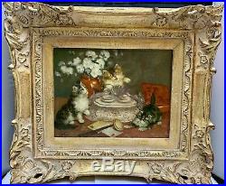 Antique Oil Painting Farm Cat & Kittens Signed Corson Ornate Gold Gilt Frame Vtg