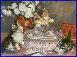 Antique Oil Painting Farm Cat & Kittens Signed Corson Ornate Gold Gilt Frame Vtg