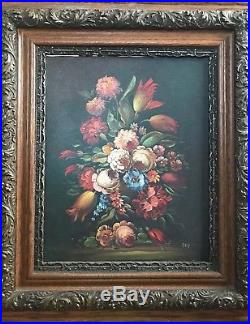 Antique Oil Painting Floral Signed With Wood and Gesso 4 Part Frame