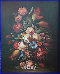 Antique Oil Painting Floral Signed With Wood and Gesso 4 Part Frame