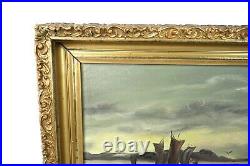 Antique Oil Painting of Maritime Harbor Scene Boats Gold Gesso Frame