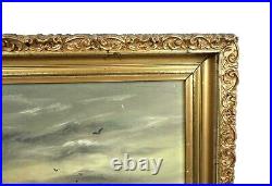 Antique Oil Painting of Maritime Harbor Scene Boats Gold Gesso Frame
