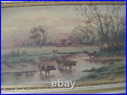 Antique Oil on Canvas of Cows in Pastoral Landscape signed by Nea Oleson 1905