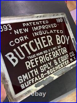 Antique Original 1900s Painted Glass Foil Butcher Boy Buffalo Rochester NY Sign