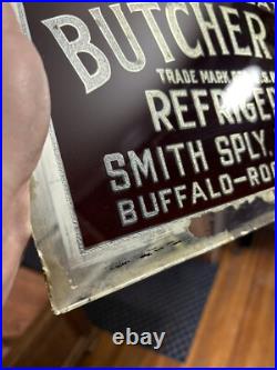 Antique Original 1900s Painted Glass Foil Butcher Boy Buffalo Rochester NY Sign