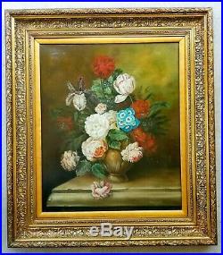 Antique Original Oil Painting Vintage Canvas Floral Still Life Gold Gilt Frame