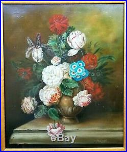 Antique Original Oil Painting Vintage Canvas Floral Still Life Gold Gilt Frame