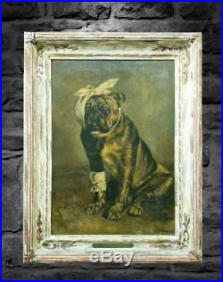 Antique Painting BULLDOG Large Original Oil on Canvas Vintage Bull Dog Portrait