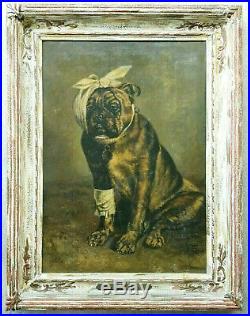 Antique Painting BULLDOG Large Original Oil on Canvas Vintage Bull Dog Portrait