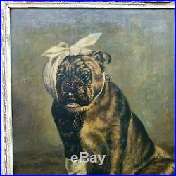 Antique Painting BULLDOG Large Original Oil on Canvas Vintage Bull Dog Portrait