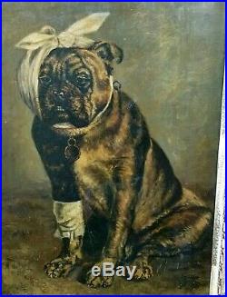 Antique Painting BULLDOG Large Original Oil on Canvas Vintage Bull Dog Portrait