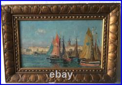 Antique Painting Sailboats In Port Jeanne Lauvernay France Frame Wood Signed Old