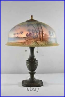 Antique Pairpoint Reverse Painted Lamp Palm Trees Tropical Scene Scene Signed