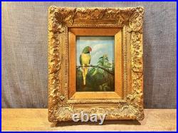 Antique Parrot Painting on Board Signed Terry Gold Gilt Frame Vintage Bird Art