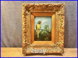 Antique Parrot Painting on Board Signed Terry Gold Gilt Frame Vintage Bird Art