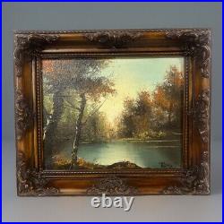 Antique SIGNED Landscape Art Oil Painting Autumn Trees Lake Brown Gesso Frame