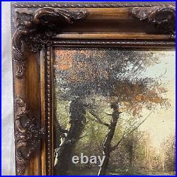 Antique SIGNED Landscape Art Oil Painting Autumn Trees Lake Brown Gesso Frame