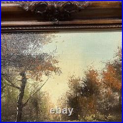 Antique SIGNED Landscape Art Oil Painting Autumn Trees Lake Brown Gesso Frame