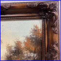 Antique SIGNED Landscape Art Oil Painting Autumn Trees Lake Brown Gesso Frame