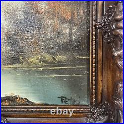 Antique SIGNED Landscape Art Oil Painting Autumn Trees Lake Brown Gesso Frame