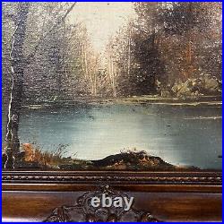 Antique SIGNED Landscape Art Oil Painting Autumn Trees Lake Brown Gesso Frame