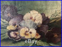 Antique Signed 1903 Original Pansies Floral Framed Oil Painting